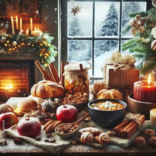 A steaming mug of chocolate warms a cozy winter morning beside a fireplace adorned with Christmas cheer over window winter view photo