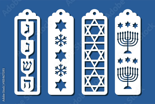 Set of vertical Hanukkah bookmark designs with dreidel, menorah and star David pattern. Jewish holiday laser cut template. Decorative vector stencil for paper, wood and metal cutting