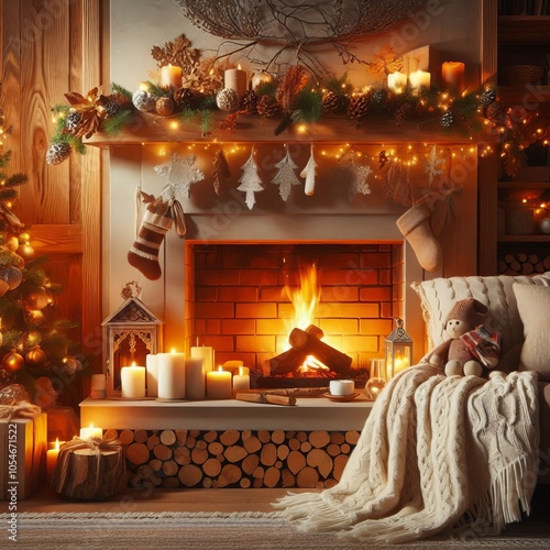 A steaming mug of chocolate warms with cinnamon and Marshmallow a cozy winter morning beside a fireplace adorned with Christmas photo