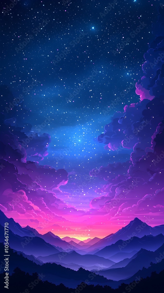 A stunning digital landscape featuring a serene night sky filled with twinkling stars and vibrant clouds blending shades of purple and blue over majestic mountains. A stunning digital landscape featuring a serene night sky filled with twinkling stars and vibrant clouds blending shades of purple and blue over majestic mountains.