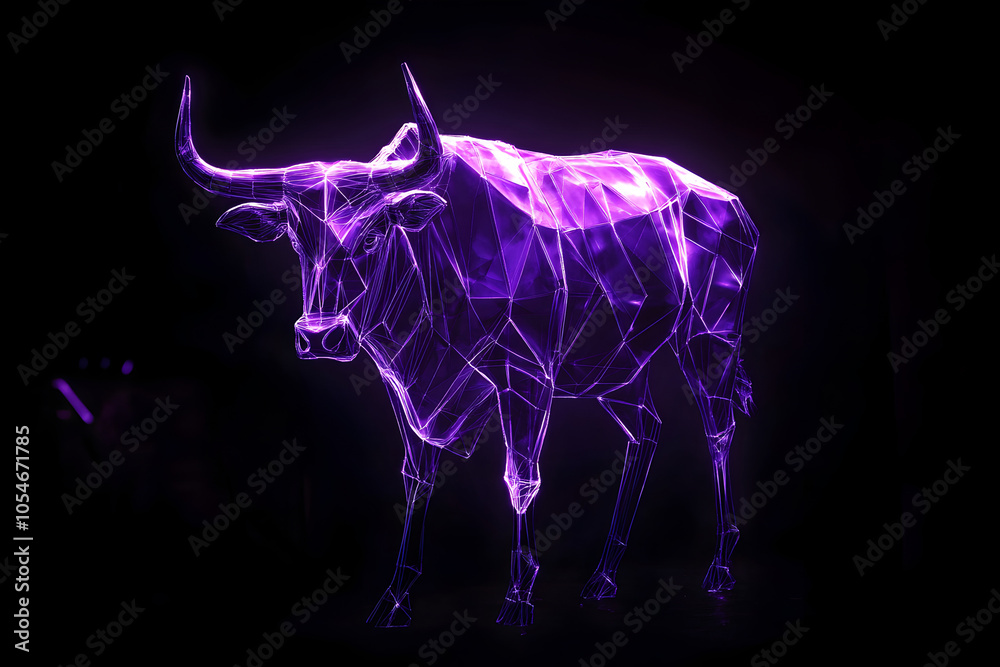 Obraz premium An avant-garde neon purple zebu accented with abstract geometric patterns isolated on a dark background --ar 3:2 --s 50