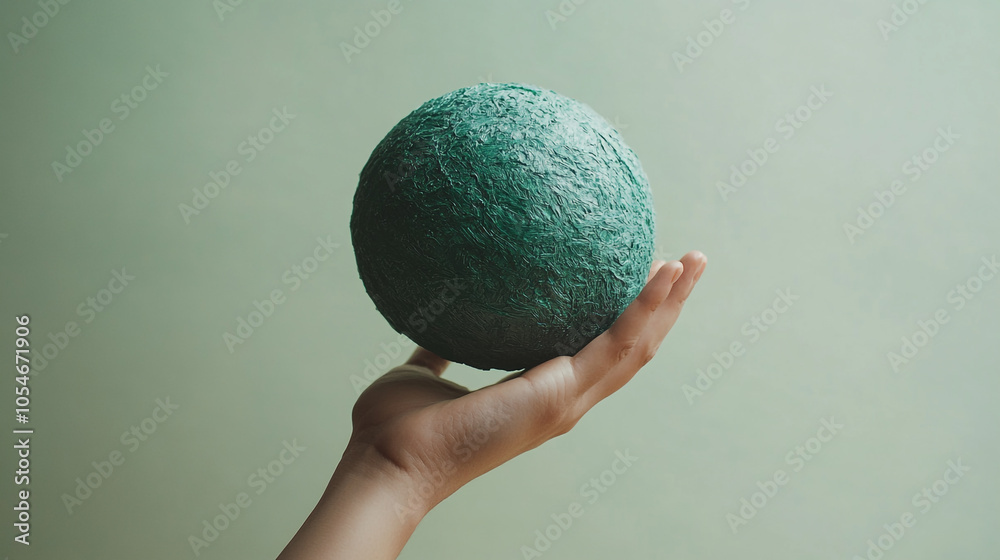 Hand holding a textured green sphere against a soft background in natural light Hand holding a textured green sphere against a soft background in natural light