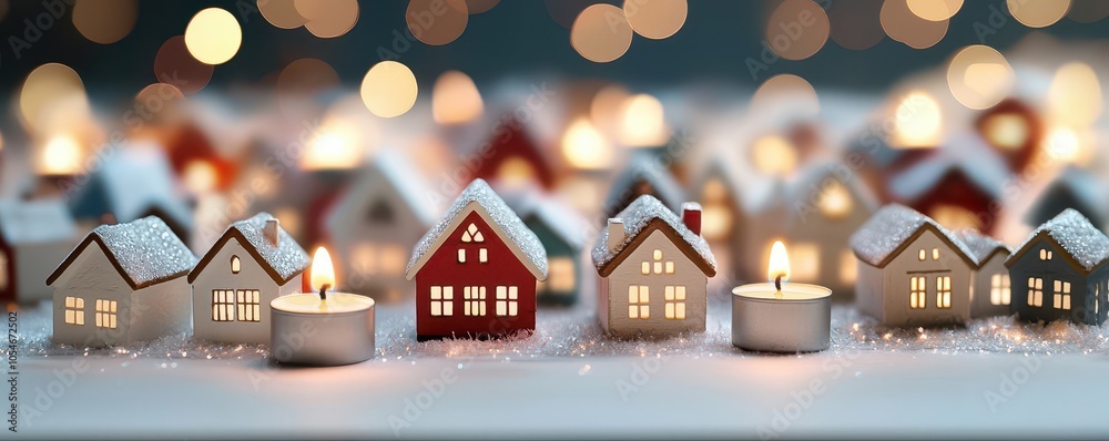 Obraz premium A festive scene featuring charming miniature houses adorned with snow, illuminated by glowing candles, creating a warm, cozy atmosphere.