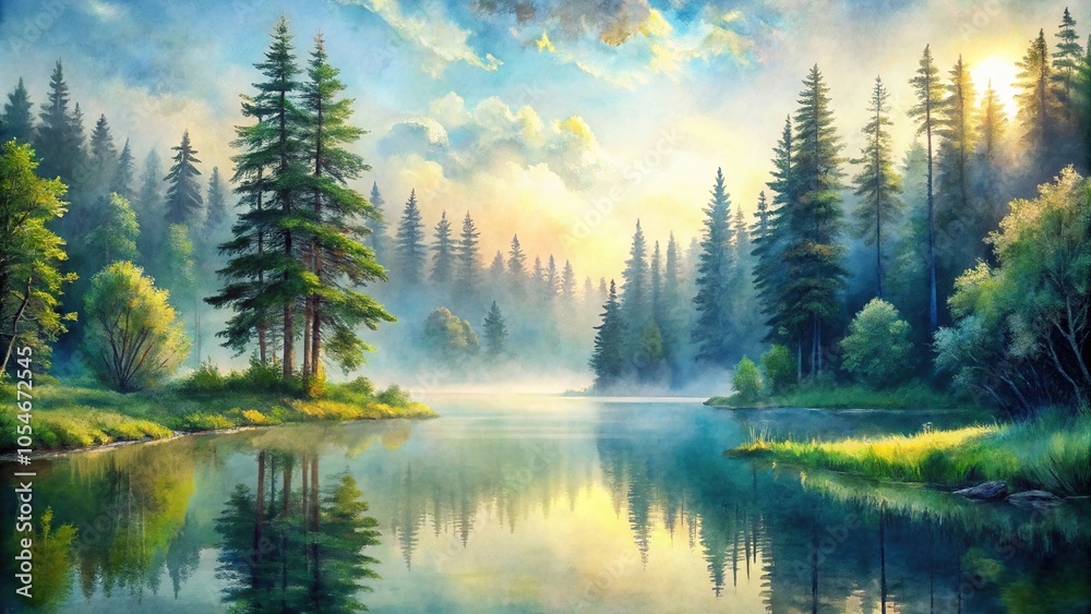Watercolor painting of a serene lake surrounded by lush forest on a misty morning