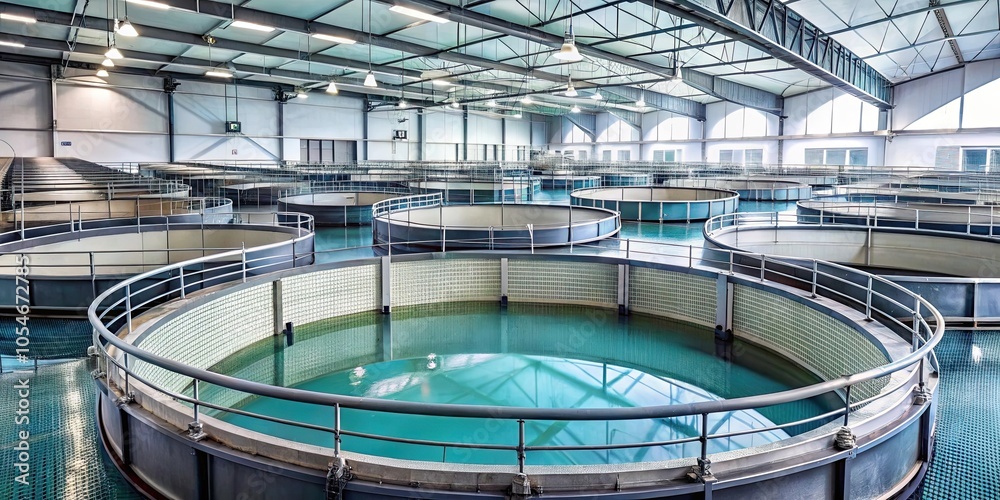 Modern aquaculture facility showcasing large circular tanks covered with mesh, Aquaculture, facility, tanks, circular Modern aquaculture facility showcasing large circular tanks covered with mesh, Aquaculture, facility, tanks, circular