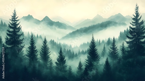 A tranquil view of an evergreen forest at dawn, with dense fog drifting through the trees and surrounding mountains, creating a serene and mysterious atmosphere.