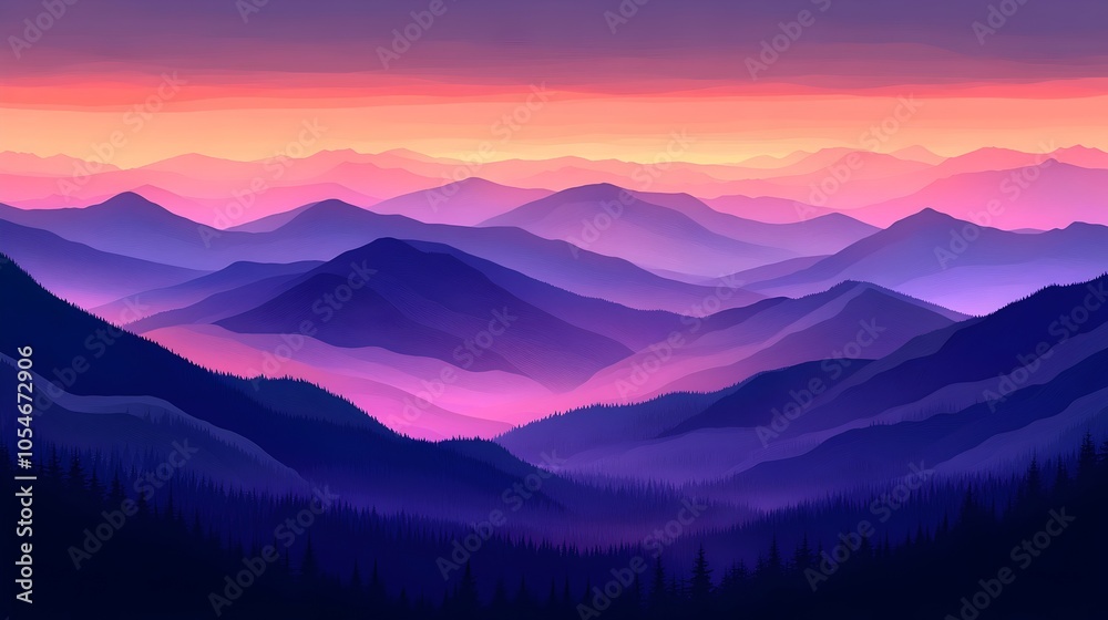Vibrant purple and pink hues blend over a serene mountain landscape at sunset, creating a tranquil and mystical atmosphere, surrounded by dense evergreen trees. Vibrant purple and pink hues blend over a serene mountain landscape at sunset, creating a tranquil and mystical atmosphere, surrounded by dense evergreen trees.