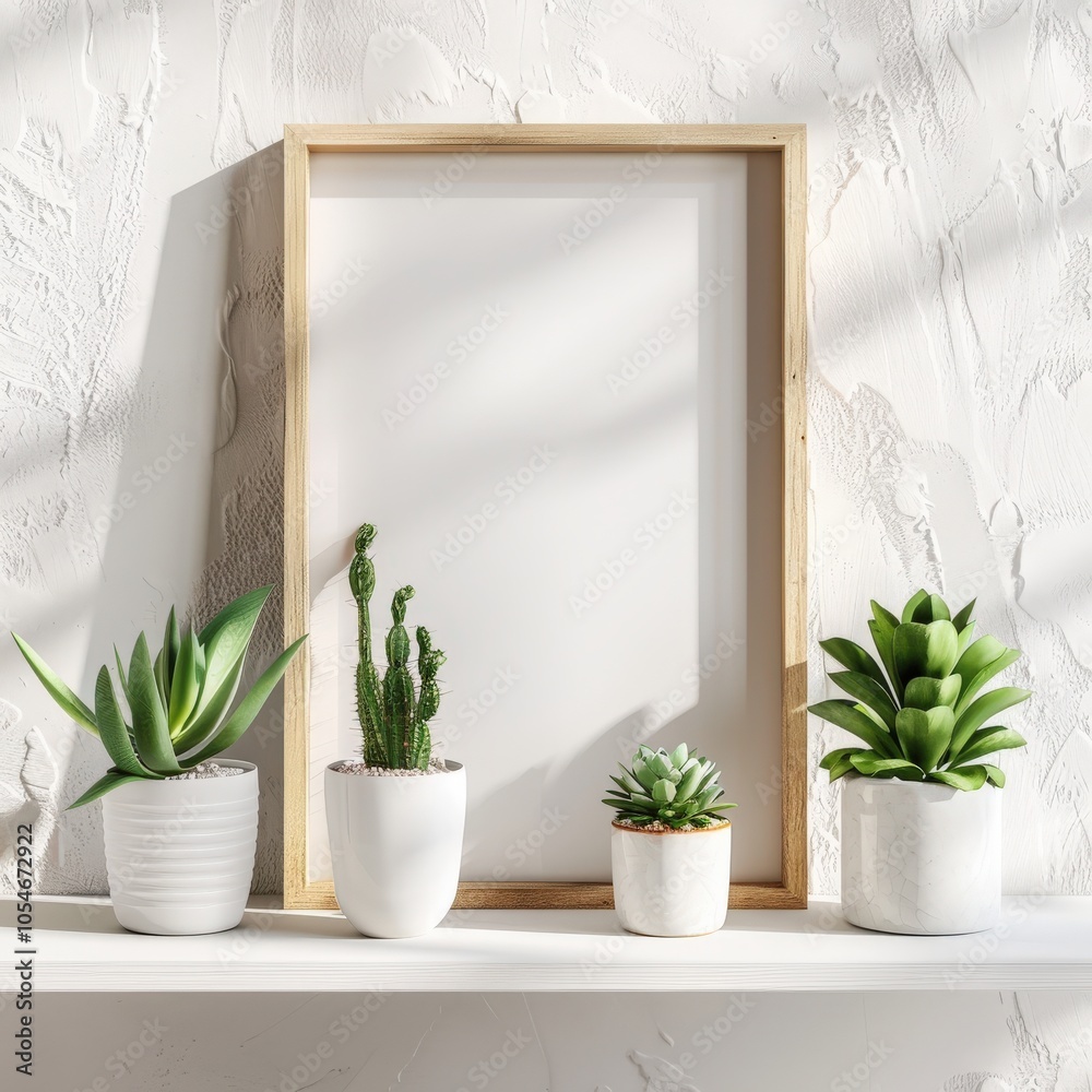 A white shelf with a wooden frame and four potted plants in front of a white wall with natural light shining through A white shelf with a wooden frame and four potted plants in front of a white wall with natural light shining through