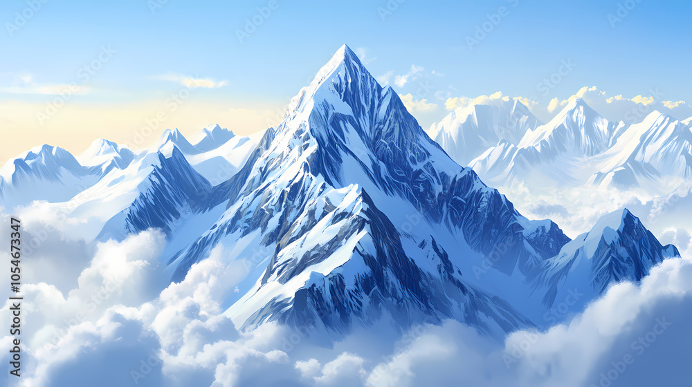 Snow covered mountain peak rises above clouds. Rugged Mountain Range. Illustration Snow covered mountain peak rises above clouds. Rugged Mountain Range. Illustration