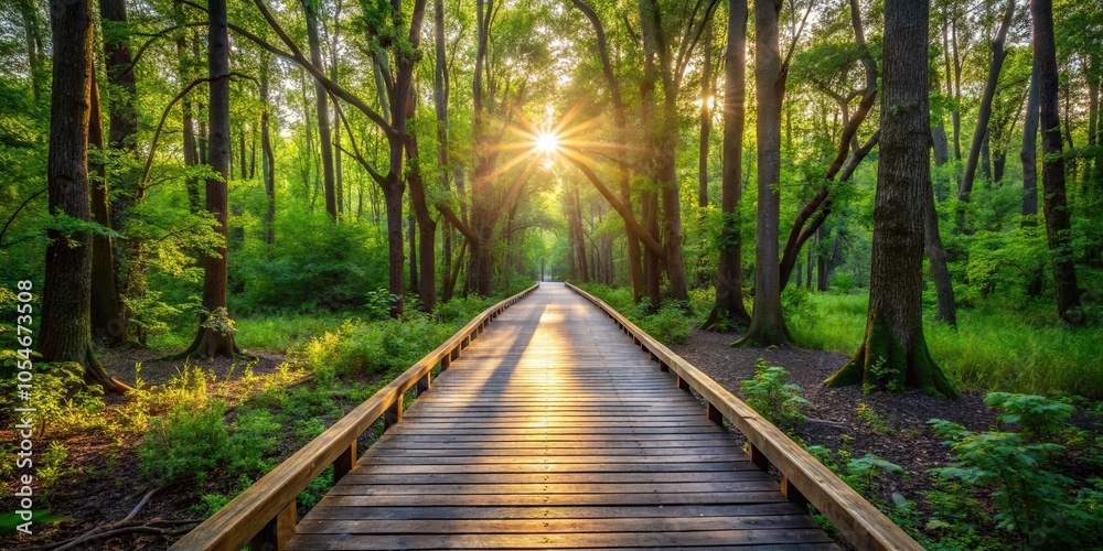 Scenic boardwalk in conservation area with sunlight through trees Scenic boardwalk in conservation area with sunlight through trees