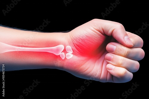 3D Render of Wrist Bones with Arthritis Pain Highlighted in Red photo