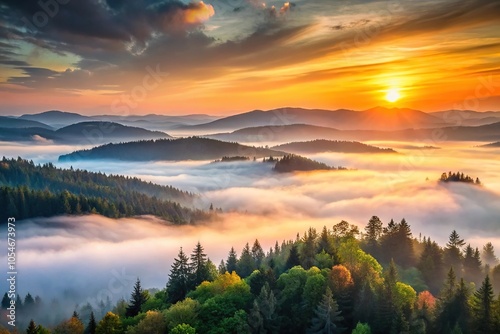 Scenic foggy sunrise in Beskid Zywiecki mountains