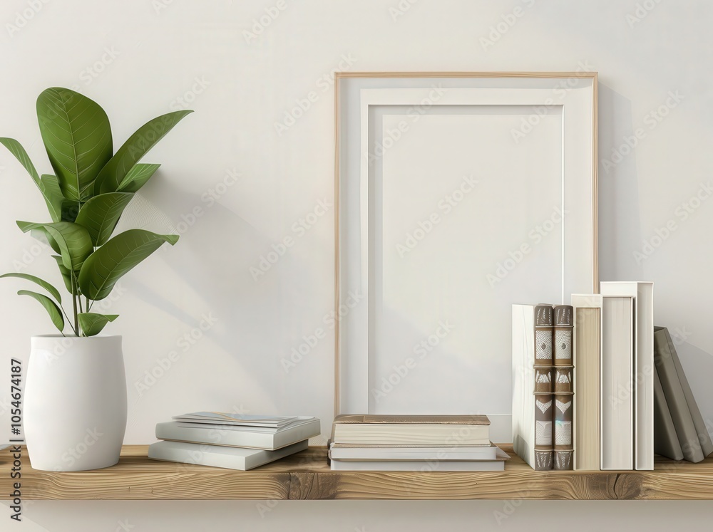 A white wall with a wooden shelf. a plant in a white pot. a framed picture. and stacks of books A white wall with a wooden shelf. a plant in a white pot. a framed picture. and stacks of books