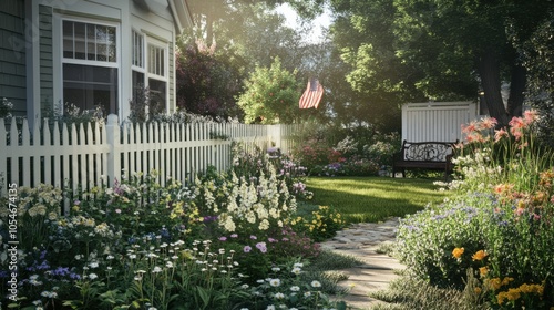 Fototapeta Naklejka Na Ścianę i Meble -  cozy front yard garden with a cottage-like feel, featuring a picket fence, wildflowers