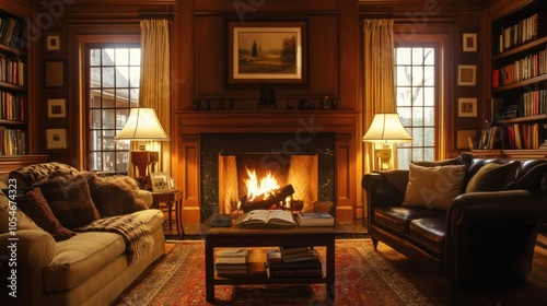 A cozy traditional living room with classic furniture, a roaring fireplace,