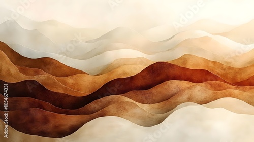 An abstract landscape featuring flowing waves in warm earth tones of brown, beige, and cream, creating a calming and harmonious visual experience.