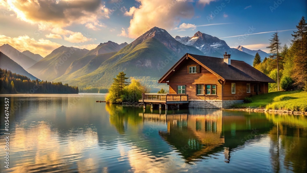 Fototapeta premium Scenic house reflection on lake with mountain backdrop