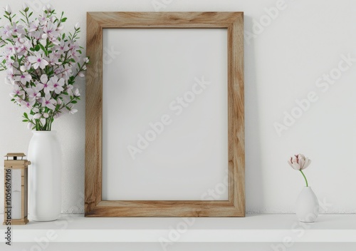 A blank wooden frame on a white shelf. styled with a vase of pink flowers. a small vase with a single pink flower. and a candle lantern