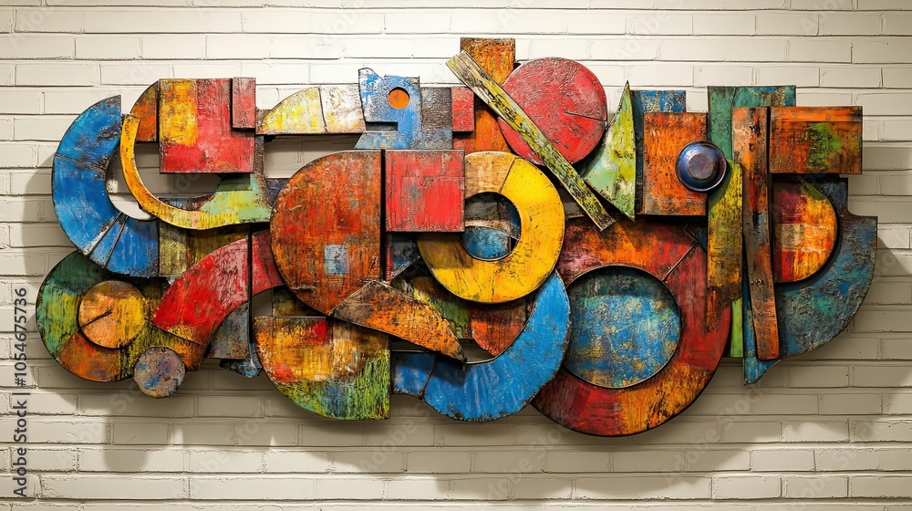 Fototapeta premium Abstract Wooden Wall Sculpture with Multicolored Geometric Shapes