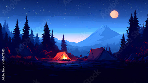 A peaceful camping scene under a starry night sky, with a tent, campfire, and a stunning natural landscape of mountains or forest in the background, capturing the spirit of adventure