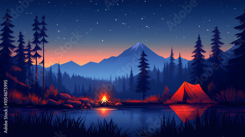 A peaceful camping scene under a starry night sky, with a tent, campfire, and a stunning natural landscape of mountains or forest in the background, capturing the spirit of adventure