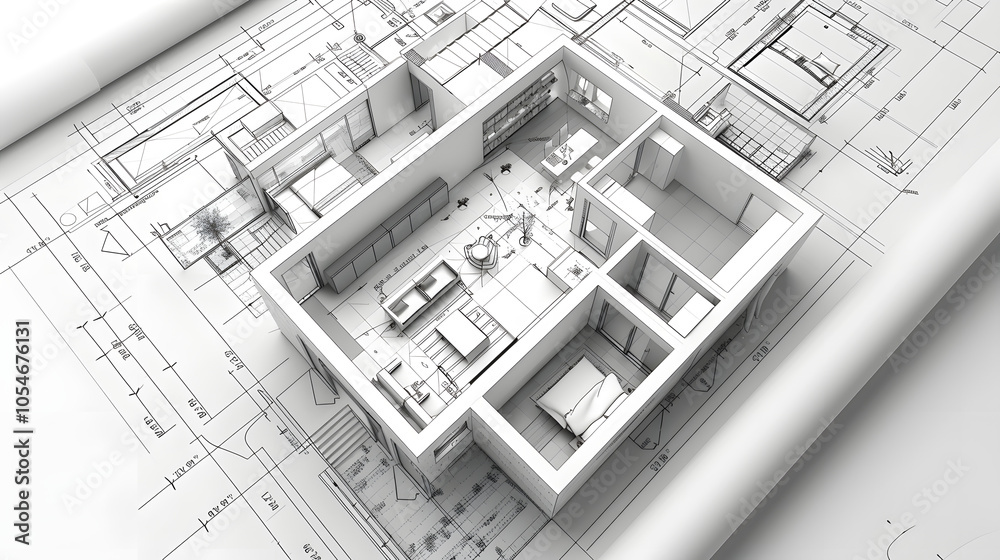 A detailed floor plan of a modern home, showing all rooms, furniture placement, and annotations for dimensions. The design is minimalist yet precise A detailed floor plan of a modern home, showing all rooms, furniture placement, and annotations for dimensions. The design is minimalist yet precise