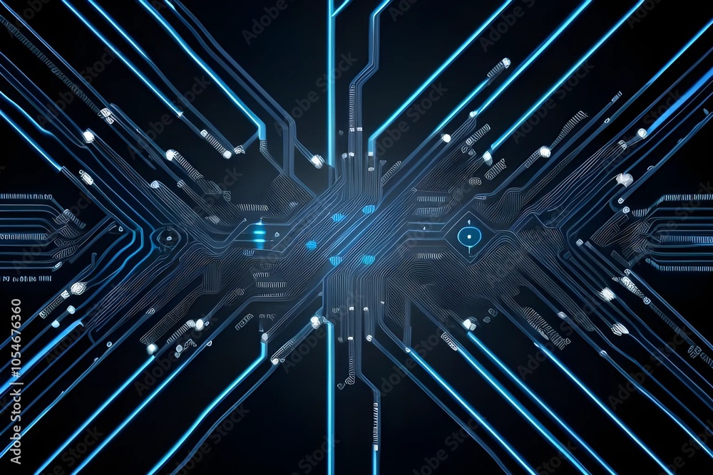 Blue and black circuit board background with connecting data points, showcasing big data technology Blue and black circuit board background with connecting data points, showcasing big data technology