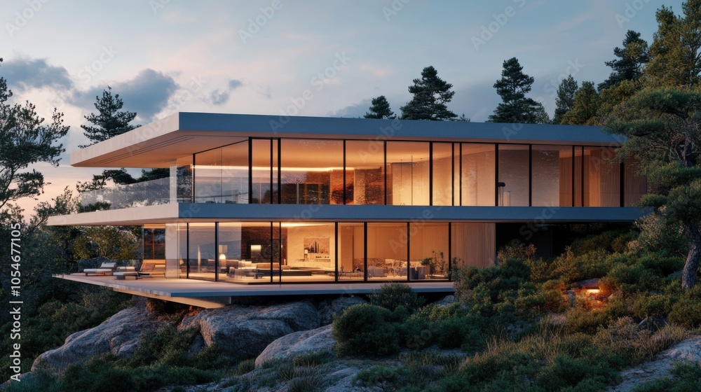 A modern glass house perched on a hillside, offering stunning views and a seamless blend A modern glass house perched on a hillside, offering stunning views and a seamless blend