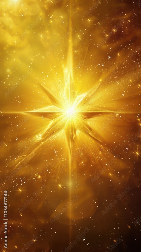 A Glowing Starburst In A Golden Cosmic Sky With Small Stars Surrounding The Large One.