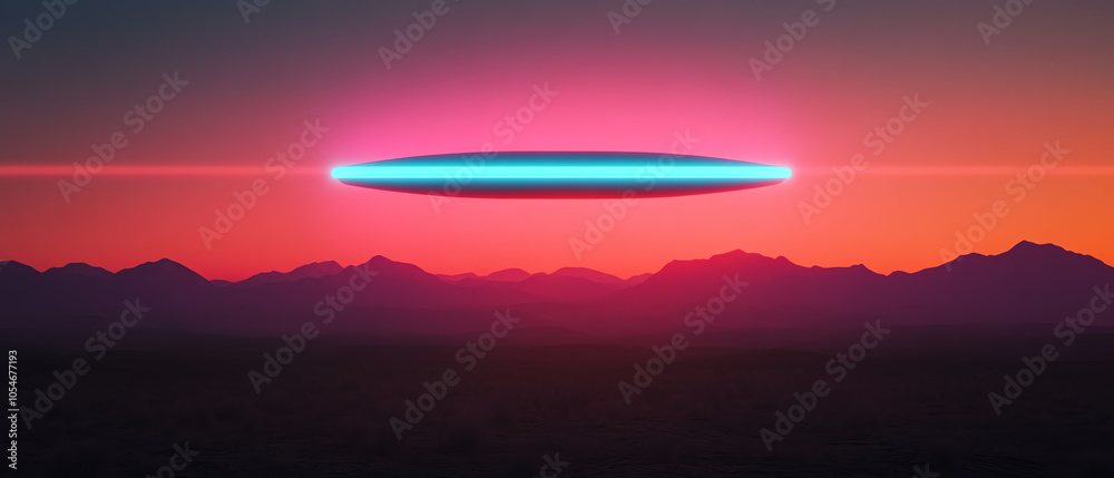 A captivating view of a colorful sunset with a glowing ufo-like object hovering in the sky, surrounded by majestic mountain silhouettes. A captivating view of a colorful sunset with a glowing ufo-like object hovering in the sky, surrounded by majestic mountain silhouettes.