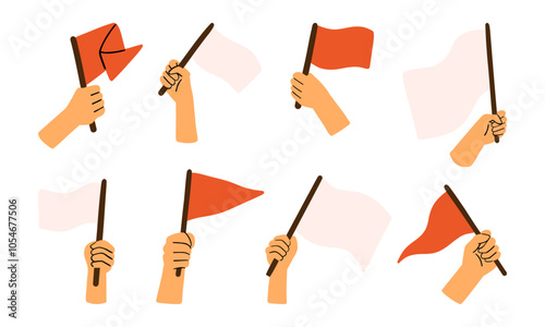 Hands Holding Flags Illustration. A collection of eight minimalist illustrations of hands holding red and white flags, ideal for themes of communication, alert, and protest