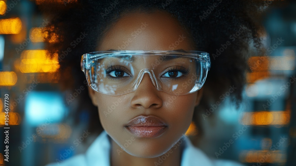 Young Black woman develops innovative blockchain technology in a modern lab setting Young Black woman develops innovative blockchain technology in a modern lab setting