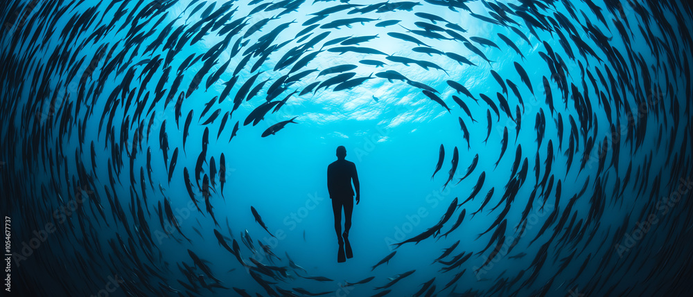 A diver immersed in a vibrant underwater scene, surrounded by schools of fish, showcasing the beauty and tranquility of marine life.
