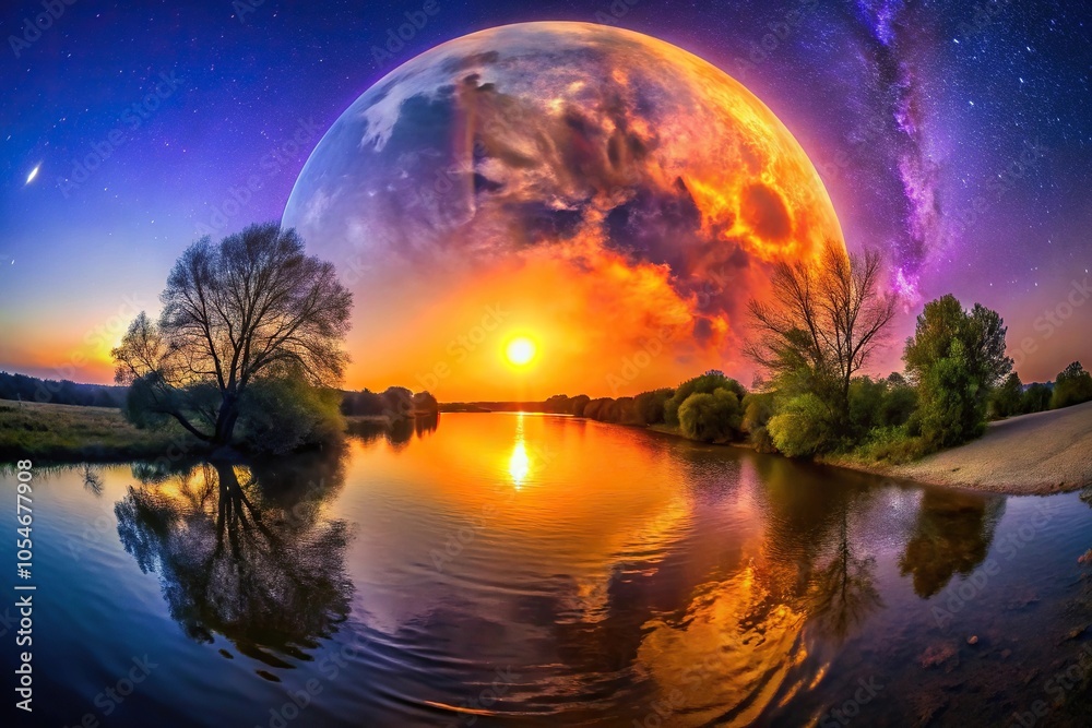 Obraz premium Scenic night view with bright orange sun and purple moon reflecting on river surrounded by trees