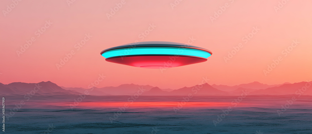 A futuristic flying saucer hovering above a surreal landscape during sunset, surrounded by colorful skies and distant mountains, evoking mystery. A futuristic flying saucer hovering above a surreal landscape during sunset, surrounded by colorful skies and distant mountains, evoking mystery.