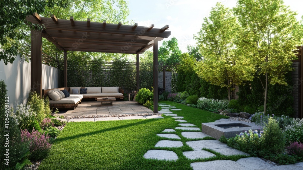 A simple yet elegant backyard garden with a small lawn, stone pathways, and a pergola A simple yet elegant backyard garden with a small lawn, stone pathways, and a pergola