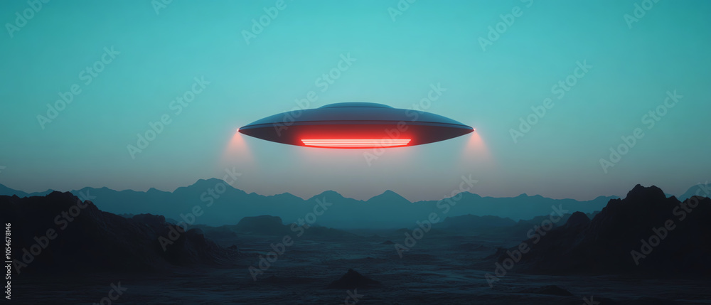 A futuristic flying saucer hovers in a serene landscape, surrounded by mountains under a twilight sky. The red glow creates an intriguing atmosphere. A futuristic flying saucer hovers in a serene landscape, surrounded by mountains under a twilight sky. The red glow creates an intriguing atmosphere.