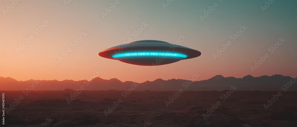 A futuristic UFO above a desert landscape during sunset, featuring vibrant colors and sleek design, creating an atmosphere of mystery. A futuristic UFO above a desert landscape during sunset, featuring vibrant colors and sleek design, creating an atmosphere of mystery.