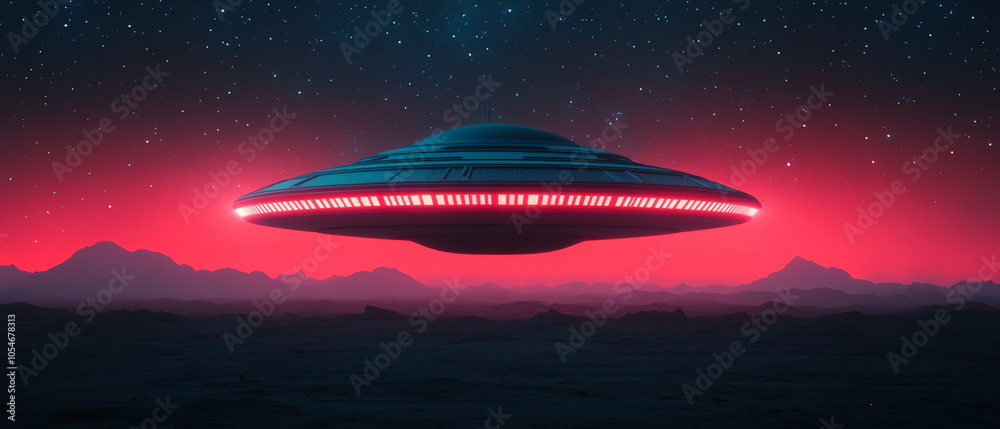 A futuristic UFO hovering above a mystical landscape, casting a glowing light against a starry sky, creating an otherworldly atmosphere. A futuristic UFO hovering above a mystical landscape, casting a glowing light against a starry sky, creating an otherworldly atmosphere.