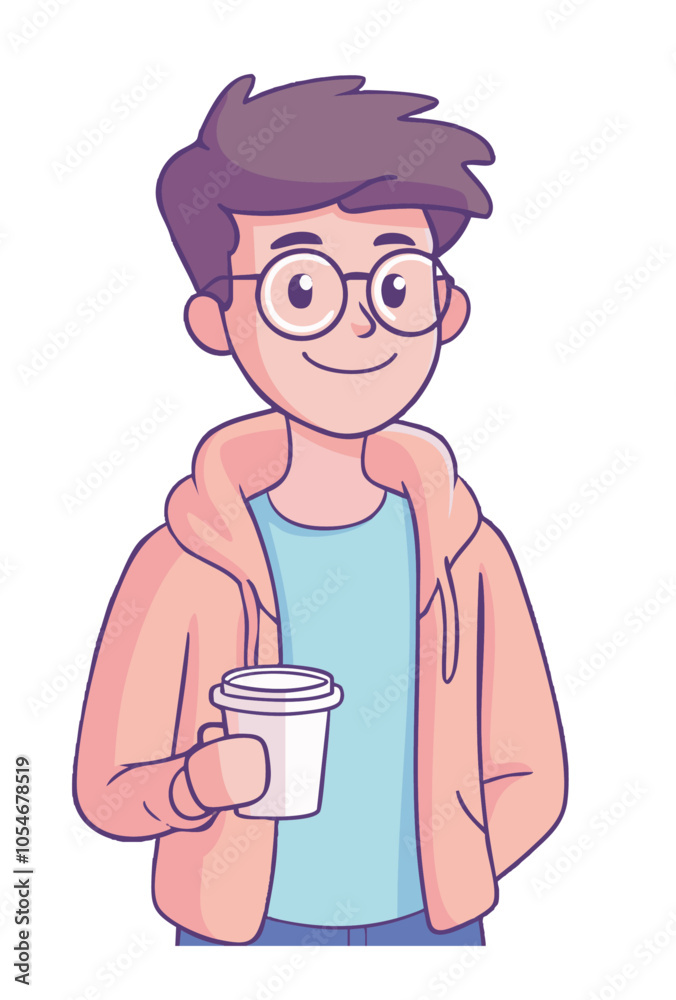 Smiling young man with glasses holding a coffee cup. Cute and friendly cartoon style.