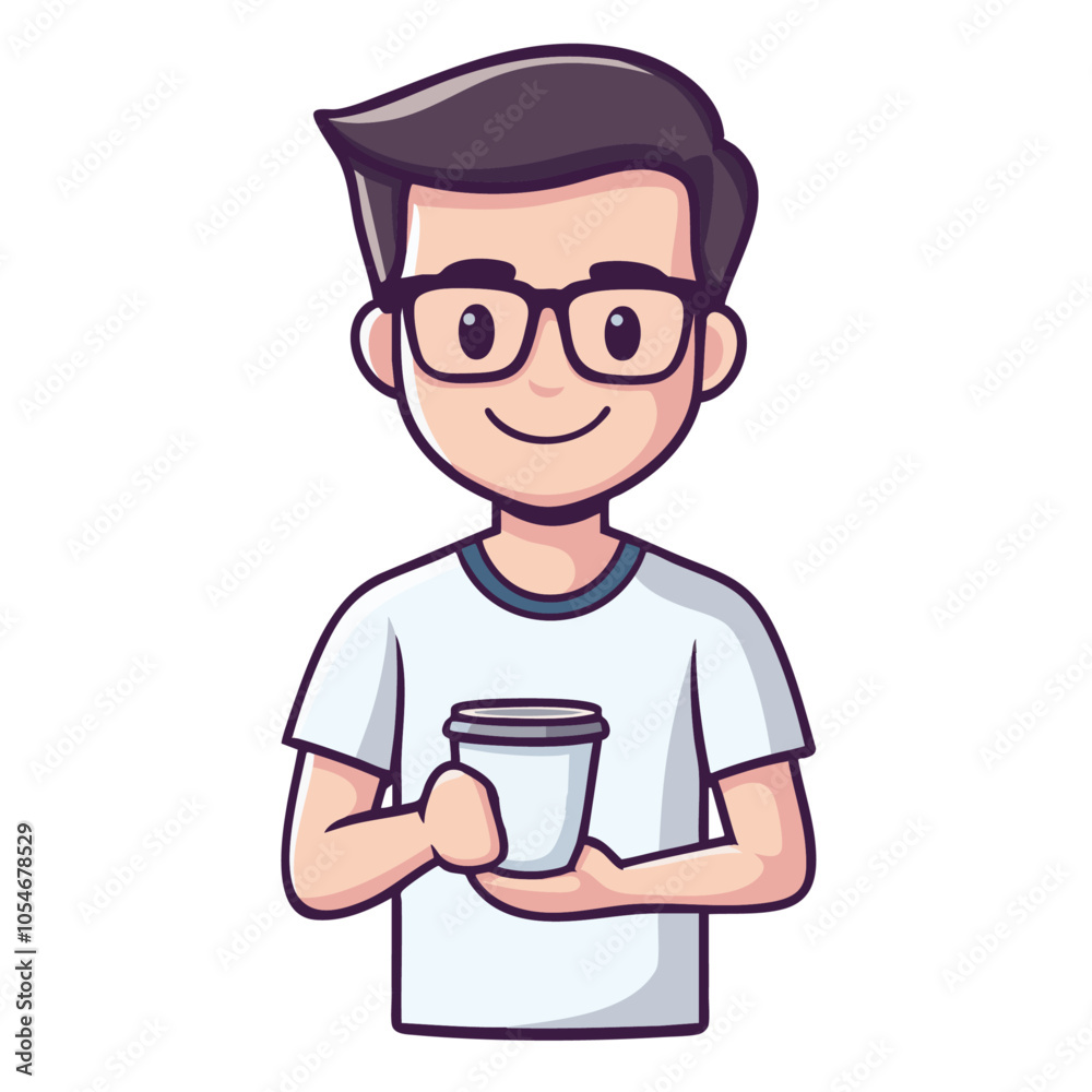 Smiling young man with glasses holding a coffee cup. Cute and friendly cartoon style.
