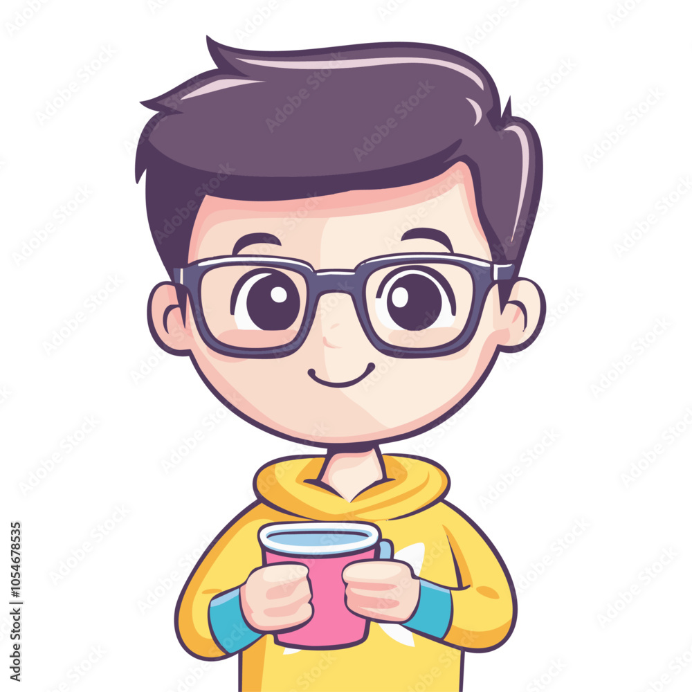 Smiling young man with glasses holding a coffee cup. Cute and friendly cartoon style.