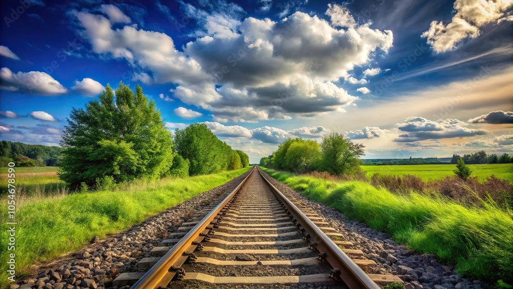 Fototapeta premium Scenic railway track through countryside with blue sky and clouds