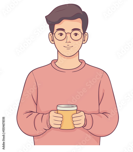 Young man holding a cup of coffee, wearing glasses and a casual sweater. Friendly and relaxed illustration.