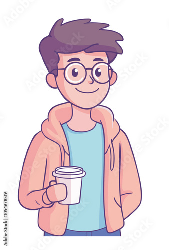 Obraz na płótnie Smiling young man with glasses holding a coffee cup. Cute and friendly cartoon style. w salonie