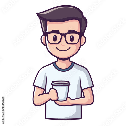 Obraz na płótnie Smiling young man with glasses holding a coffee cup. Cute and friendly cartoon style. w salonie