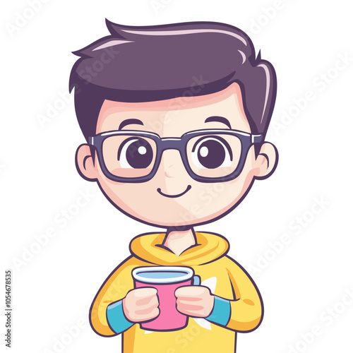 Obraz na płótnie Smiling young man with glasses holding a coffee cup. Cute and friendly cartoon style. w salonie