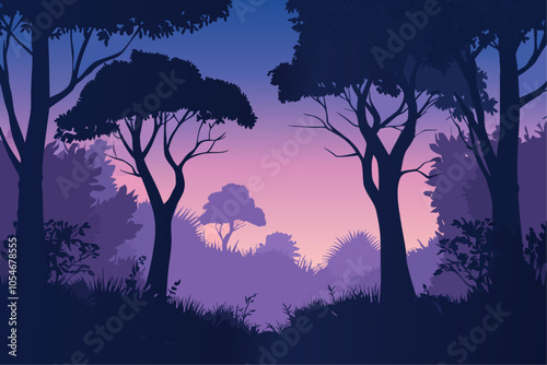 Silhouette of trees at sunset with a peaceful gradient sky. Tranquil forest scene in soft colors.