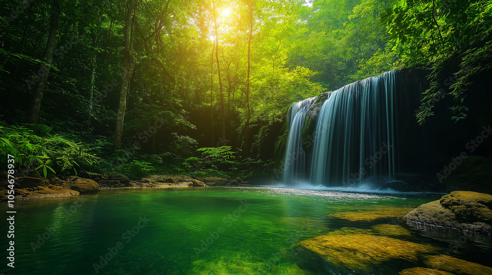 A dense rainforest with towering trees, vibrant green foliage, and a gentle waterfall cascading into a clear stream. A dense rainforest with towering trees, vibrant green foliage, and a gentle waterfall cascading into a clear stream.