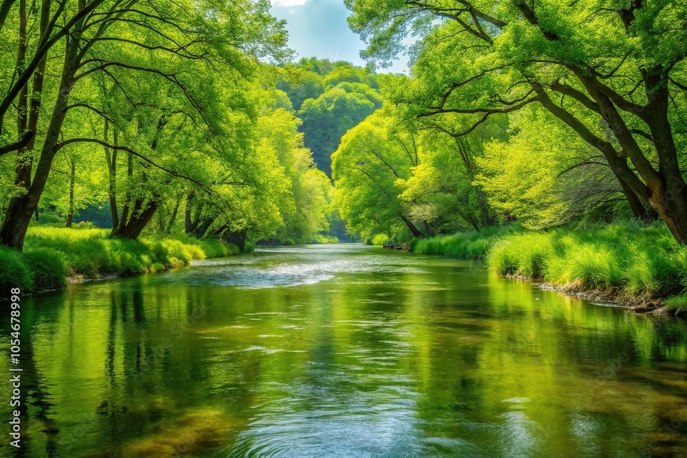 Scenic river with lush green vegetation in springtime Scenic river with lush green vegetation in springtime